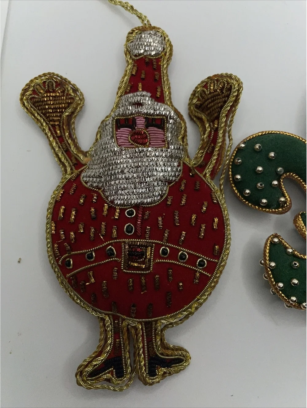 2 vintage Christmas ornaments velvet red green gold Santa Fleur De Lis